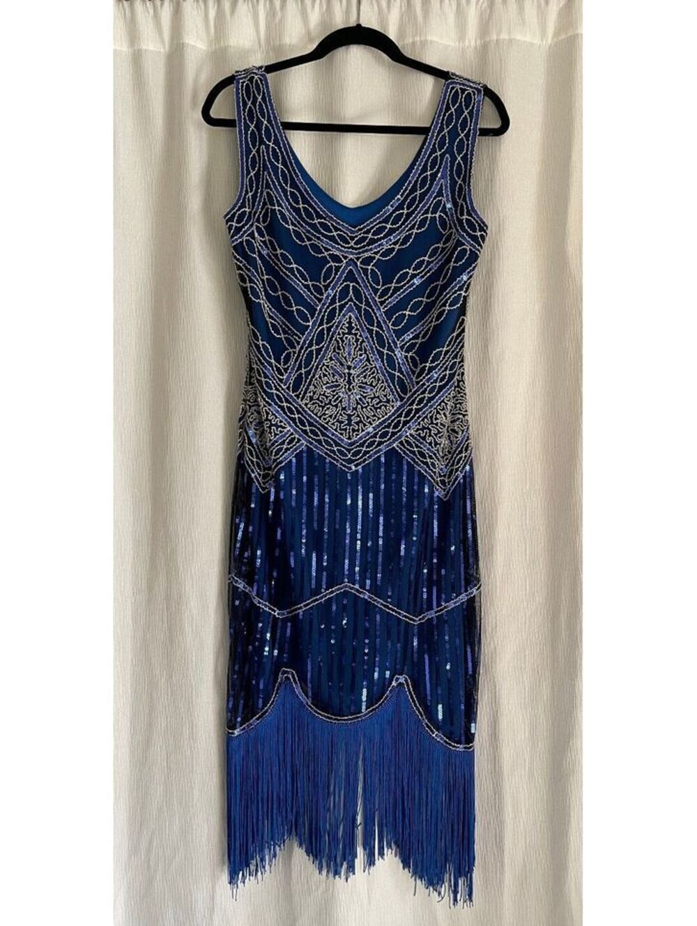 Vintage Style Blue Flapper Dress with Beaded Fringe- The Roaring 20s